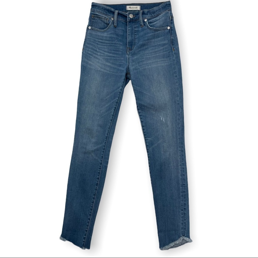 Madewell 10” High Rise Skinny light wash whiskering raw hem Sz 26 stretch denim 